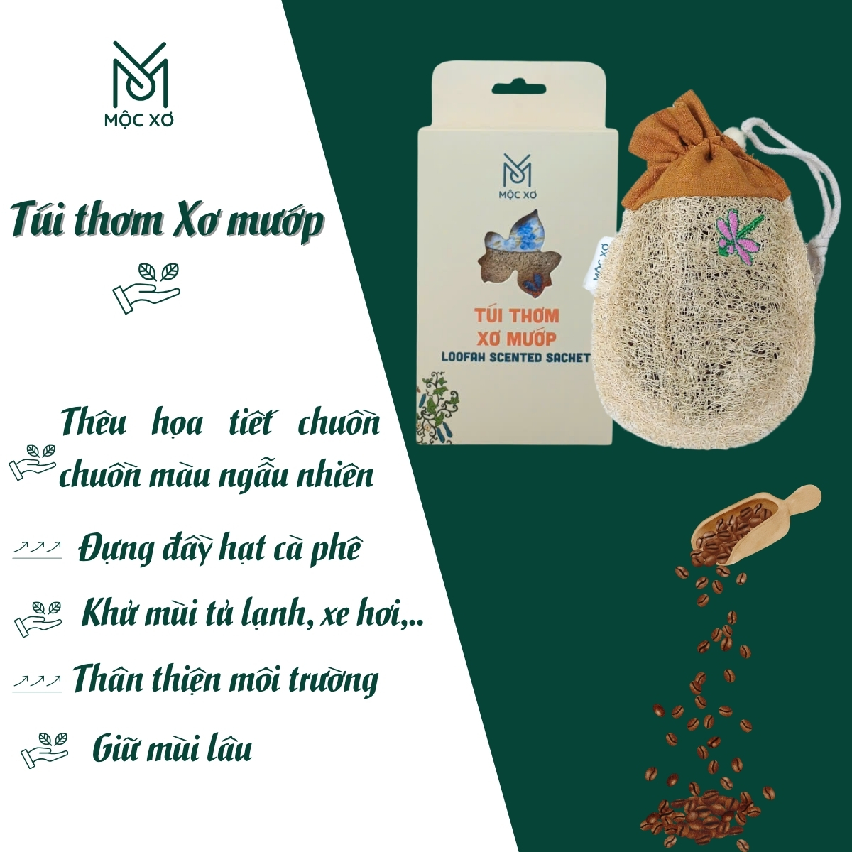 Túi thơm hạt cà phê Mộc Xơ - Túi thơm xơ mướp - Túi thơm treo xe - Túi khử mùi quần áo tủ lạnh